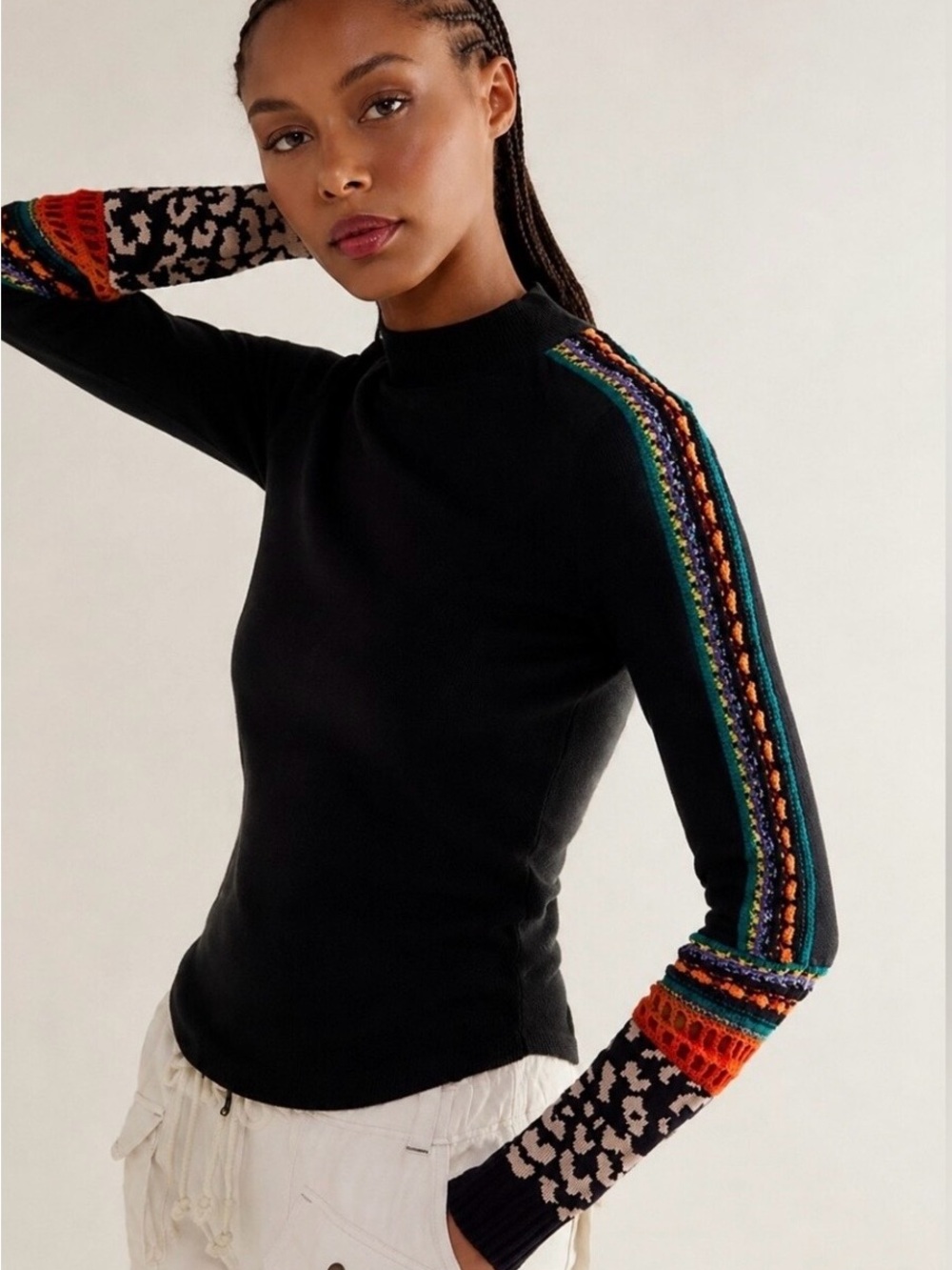 Free People Switch It Up Thermal Top Black Crochet Shoulder Leopard Cuff L